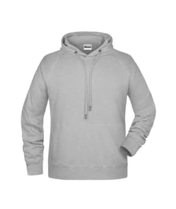 A grey men's hoodie featuring a front pocket and drawstring hood, with a simple design and no visible logos.