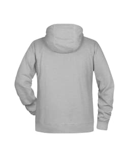 A grey men's hoodie with a hood and raglan sleeves, featuring a branding logo on the back.