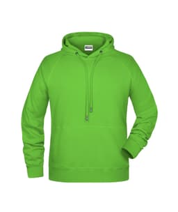 A bright green men's hoodie featuring a front pocket and drawstring hood. Includes a logo on the label.