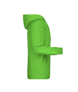 A green men's hoodie featuring a front pocket and a hood, displayed from the side. It has a logo.