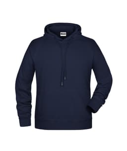 A navy blue men's hoodie with a front pocket, adjustable drawstring, and a logo on the label.
