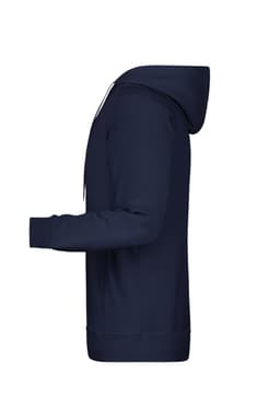 A navy men's hoodie with a front pocket and drawstring hood, featuring a simple design and snug fit.