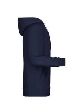 A navy blue men's hoodie featuring a hood and long sleeves, with a side profile view. It has a logo.