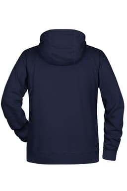 A navy blue men's hoodie with a drawstring hood and a kangaroo pocket at the front. Features a logo on the side.