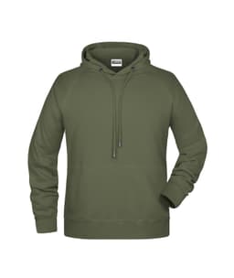 An olive green men's hoodie featuring a front pocket and adjustable drawstring hood. It has a logo on the label.