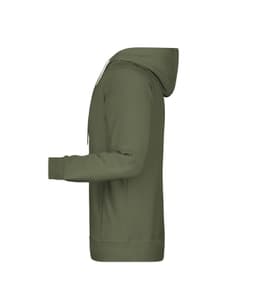 A men's hoodie in olive green, featuring a front pocket and a side view of the design. It has a logo on it.