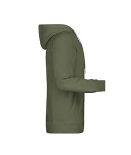 A men's hoodie in olive green with a hood and long sleeves, featuring a side view. It has a logo on the front.
