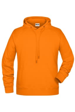 An orange men's hoodie with a drawstring hood and long sleeves. The hoodie features a logo on the front.