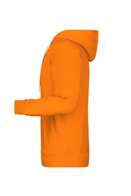 An orange men's hoodie displayed from the side, featuring a hood and long sleeves. The product has a logo.