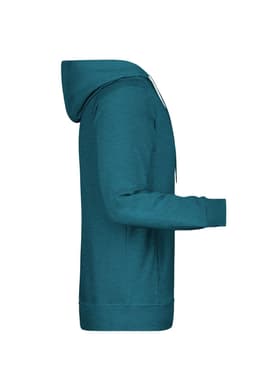 A teal men's hoodie, featuring a side view with a kangaroo pocket and attached hood. It has a logo on the front.