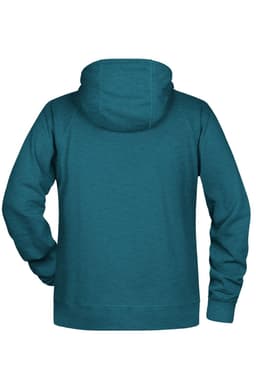 A teal men's hoodie with a back view, featuring long sleeves and a hood. It has a simple design and a logo.