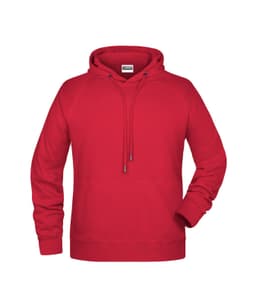 A red men's hoodie featuring a drawstring hood and a front pouch pocket. It includes a logo on the label.