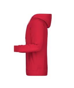 A red men's hoodie featuring a front pocket and a hood, displayed from the side. It has a logo on the front.