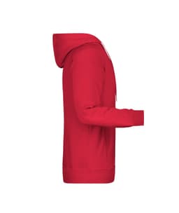 A red men's hoodie in a side view, featuring a hood and long sleeves. It includes a logo on the front.
