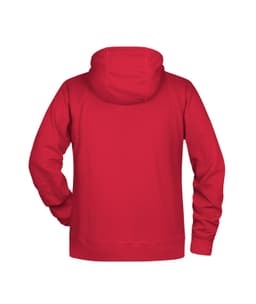 A red men's hoodie featuring a hood and long sleeves, with a plain back design.