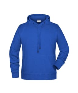 A blue men's hoodie with a front pocket, drawstring hood, and raglan sleeves, featuring a logo.