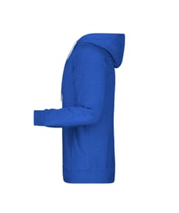 A blue men's hoodie with a kangaroo pocket and a hood, featuring a logo.