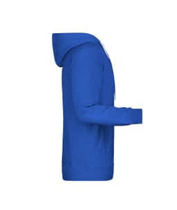 A blue men's hoodie with a side view, featuring a hood and long sleeves. It has a logo on it.