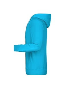 A bright turquoise men's hoodie featuring a front pocket and a hood, shown from the side without any branding.