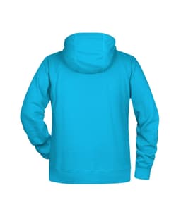 A bright turquoise men's hoodie with a kangaroo pocket and a hood, featuring a logo on the back.
