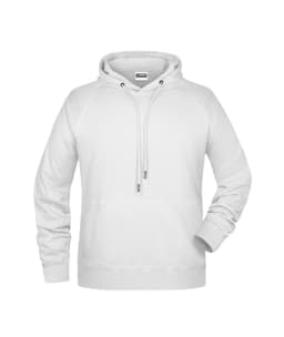 A white men's hoodie with a drawstring hood and kangaroo pocket, featuring a logo on the front.