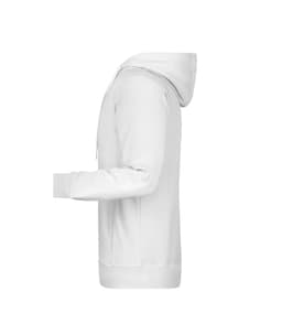 A white men's hoodie featuring a side view, with a hood and long sleeves. It includes a logo on the front.
