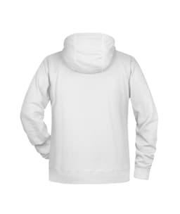 A white men's hoodie with a kangaroo pocket and a hood, featuring a plain design at the back.