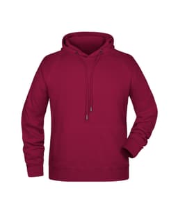 A maroon men's hoodie with a front pocket, drawstring hood, and long sleeves. It features a logo on the front.