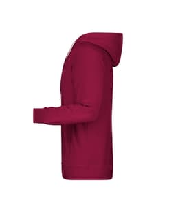 A maroon men's hoodie with a front pocket and a hood, featuring a logo on the chest area.
