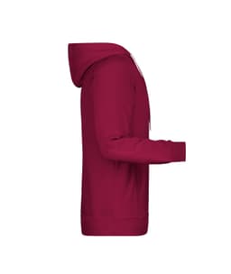 A maroon men's hoodie with a hood and long sleeves, featuring a side view and a simple design.