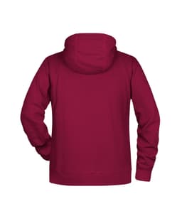A maroon men's hoodie with a hood and long sleeves, featuring a smooth back design. It has a logo.