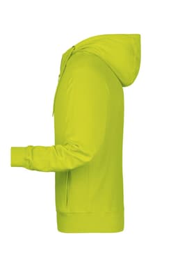 A men's zip hoodie in bright lime green, featuring a hood and a side view of the design. It has a logo on it.