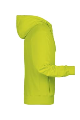 A bright lime green men's zip hoodie with a front pouch and a hood, featuring a logo on the front.