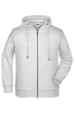 A light grey zip hoodie featuring a drawstring hood and a front zip closure. It includes a discreet logo.
