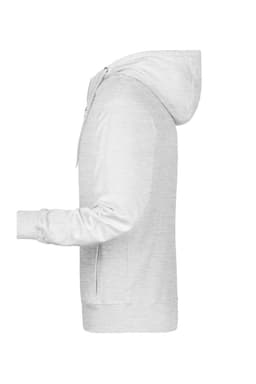 A men's zip hoodie in light grey, featuring a hood and side pockets, with a simple design and a logo.