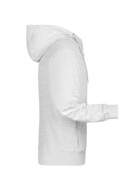 A men's zip hoodie in light grey, featuring a hood and long sleeves. It includes a logo on the design.
