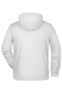 A grey men's zip hoodie featuring a back view and a hood, with a logo on the garment.