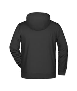 A black men's zip hoodie featuring a hood and long sleeves, with a simple design and a logo present.