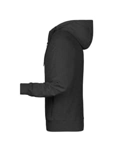 A men's zip hoodie in a dark grey colour, featuring a hood and long sleeves. It has a logo on it.