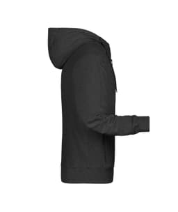A men's zip hoodie in dark grey, featuring a hood and long sleeves. The hoodie has a branding logo.