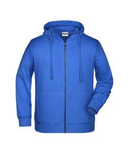 A blue men's zip hoodie featuring a front zipper, drawstring hood, and kangaroo pockets. It has a logo on the front.