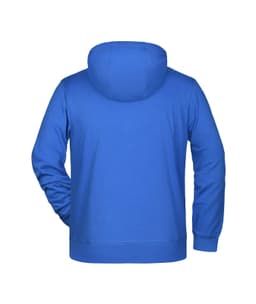 A blue men's zip hoodie with a front zipper and a hood, featuring a logo on the back.
