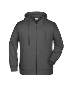 A charcoal grey men's zip hoodie with a front zipper and two side pockets, featuring a hoodie and drawstrings.