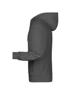 A grey men's zip hoodie featuring a hood and side pockets, with a small logo on the chest.