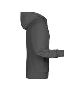 A grey men's zip hoodie with a side view, featuring a zipper and an attached hood. It includes a logo.
