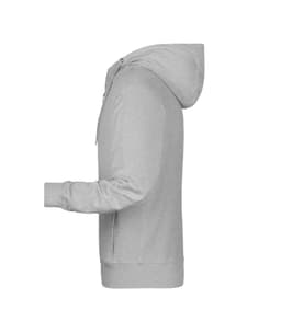 A grey men's zip hoodie with a fitted style and a hood. It features long sleeves and a zipper closure.