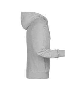 A grey zip hoodie with a hood and long sleeves, featuring a logo. Suitable for casual wear.