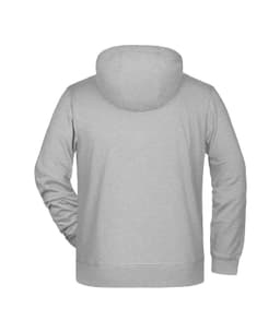 A grey men's zip hoodie featuring a hood, long sleeves, and a back view. Includes a logo.