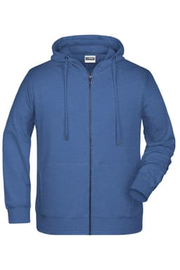 A men's zip hoodie in a vibrant blue colour, featuring a front zipper and a hood. It has a logo on the chest.