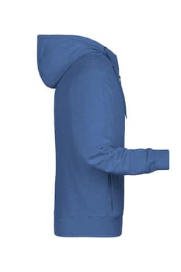 A blue men's zip hoodie featuring a hood and long sleeves, with a side view showcasing its design.